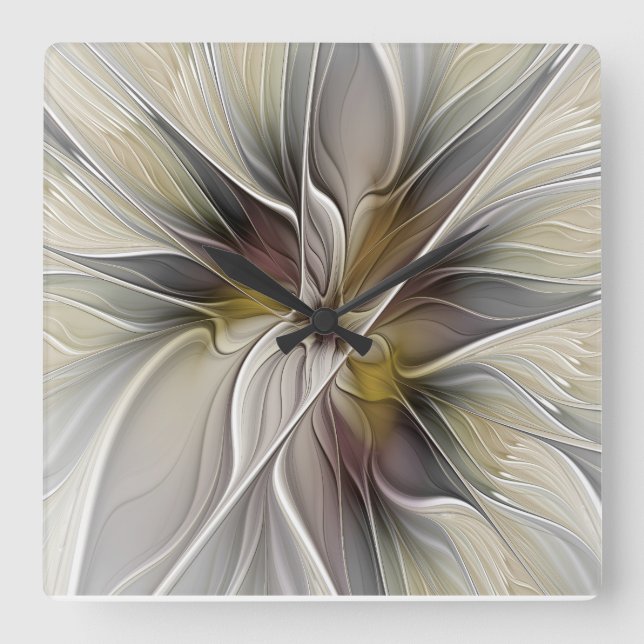 Floral Fractal, Fantasy Flower with Earth Colours Square Wall Clock (Front)