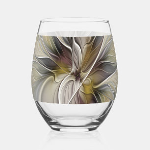 Floral Fractal, Fantasy Flower with Earth Colours Stemless Wine Glass