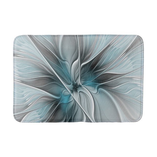 Floral Fractal Modern Abstract Flower Blue Gray Bath Mat (Front)