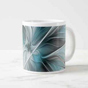 Floral Fractal Modern Abstract Flower Blue Gray Large Coffee Mug