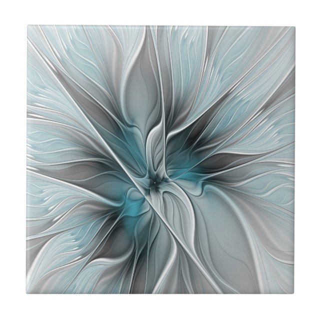 Floral Fractal Modern Abstract Flower Blue Gray Tile (Front)