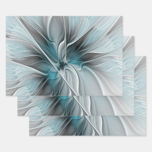 Floral Fractal Modern Abstract Flower Blue Gray Wrapping Paper Sheet