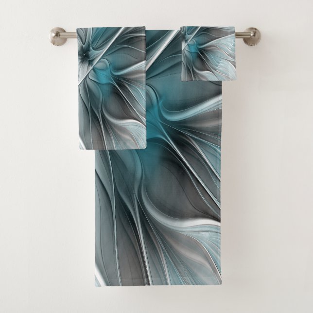 Floral Fractal Modern Abstract Flower Blue Grey Bath Towel Set (Insitu)