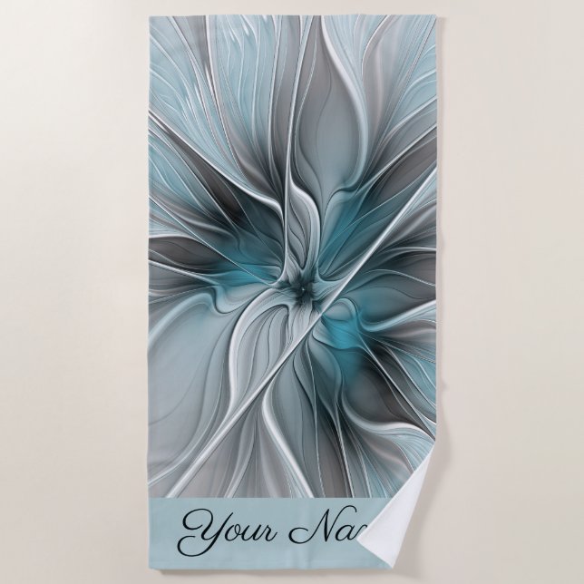 Floral Fractal Modern Abstract Flower Blue Grey Beach Towel (Front)
