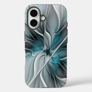 Floral Fractal Modern Abstract Flower Blue Grey iPhone 16 Case