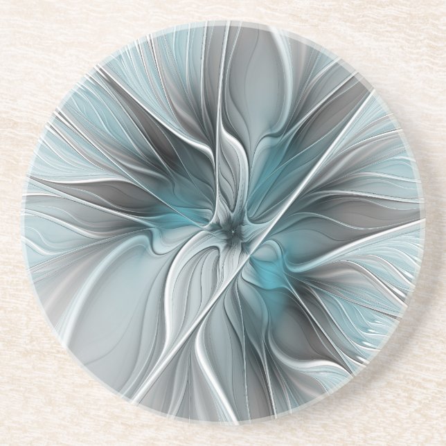 Floral Fractal Modern Abstract Flower Blue Grey Coaster (Front)