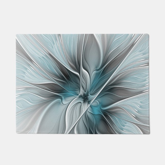 Floral Fractal Modern Abstract Flower Blue Grey Doormat (Front)