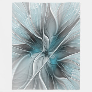 Floral Fractal Modern Abstract Flower Blue Grey Fleece Blanket
