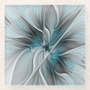 Floral Fractal Modern Abstract Flower Blue Grey Glass Coaster