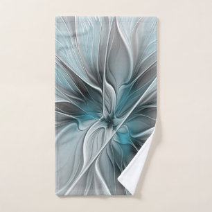 Floral Fractal Modern Abstract Flower Blue Grey Hand Towel