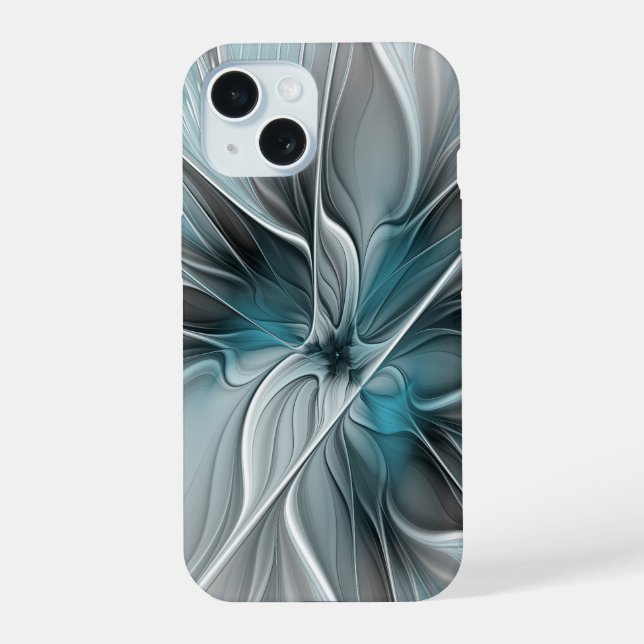 Floral Fractal Modern Abstract Flower Blue Grey iPhone 15 Case (Back)