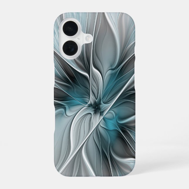 Floral Fractal Modern Abstract Flower Blue Grey iPhone 16 Case (Back)