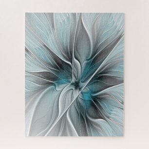 Floral Fractal Modern Abstract Flower Blue Grey Jigsaw Puzzle