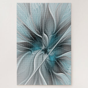 Floral Fractal Modern Abstract Flower Blue Grey Jigsaw Puzzle