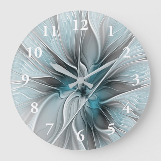 Floral Fractal Modern Abstract Flower Blue Grey Large Clock (Front)