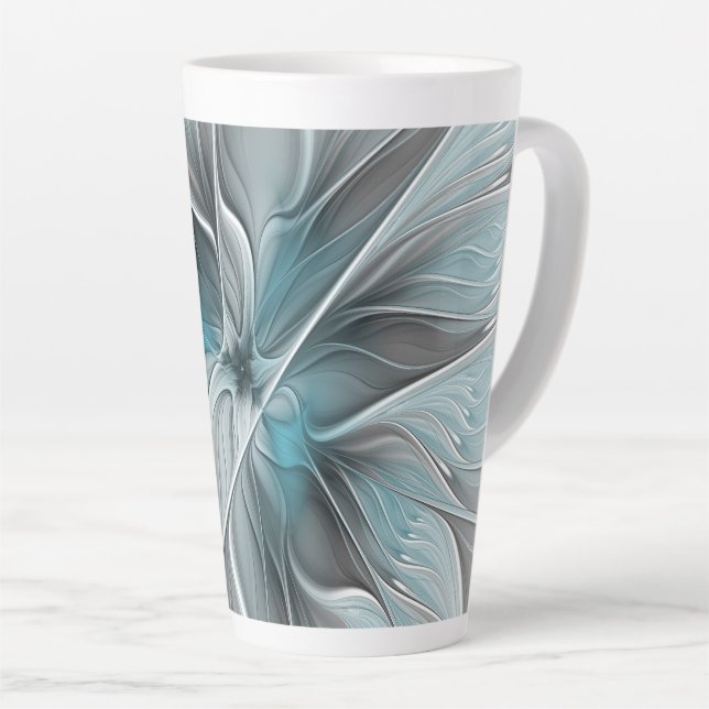 Floral Fractal Modern Abstract Flower Blue Grey Latte Mug (Right Angle)