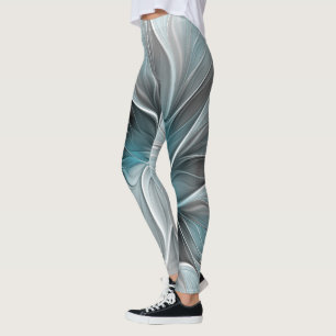 Floral Fractal Modern Abstract Flower Blue Grey Leggings
