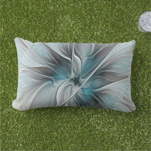 Floral Fractal Modern Abstract Flower Blue Grey Lumbar Cushion