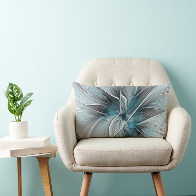 Floral Fractal Modern Abstract Flower Blue Grey Lumbar Cushion (Chair)