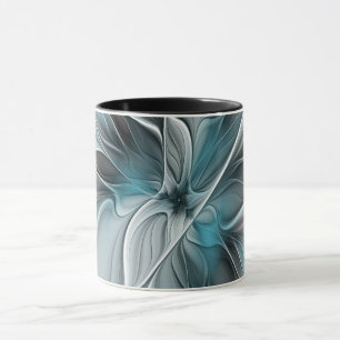 Floral Fractal Modern Abstract Flower Blue Grey Mug