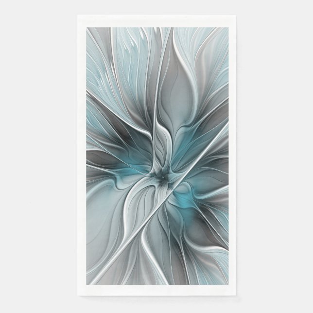 Floral Fractal Modern Abstract Flower Blue Grey Napkin (Front)