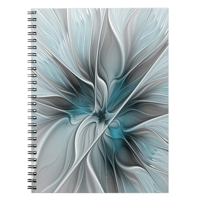 Floral Fractal Modern Abstract Flower Blue Grey Notebook (Front)