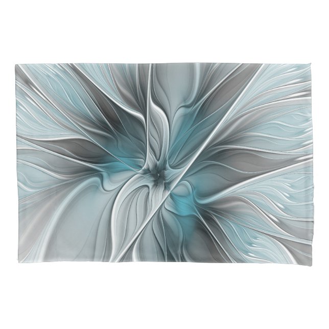 Floral Fractal Modern Abstract Flower Blue Grey Pillowcase (Front)