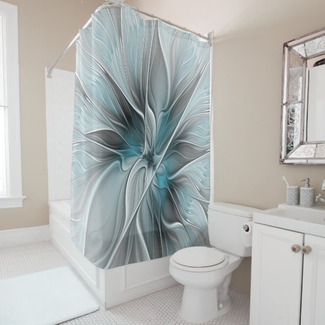 Floral Fractal Modern Abstract Flower Blue Grey Shower Curtain (In Situ)