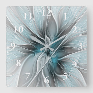 Floral Fractal Modern Abstract Flower Blue Grey Square Wall Clock