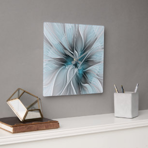 Floral Fractal Modern Abstract Flower Blue Grey Square Wall Clock