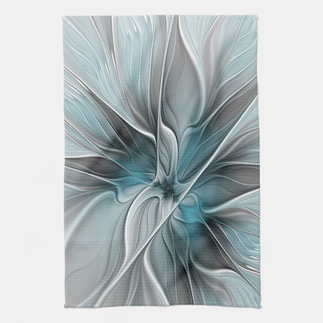 Floral Fractal Modern Abstract Flower Blue Grey Tea Towel (Vertical)