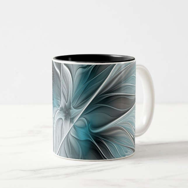Floral Fractal Modern Abstract Flower Blue Grey Two-Tone Coffee Mug (Front Right)