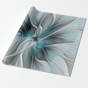 Floral Fractal Modern Abstract Flower Blue Grey Wrapping Paper