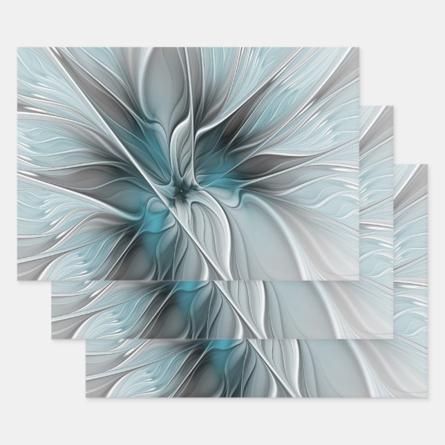Floral Fractal Modern Abstract Flower Blue Grey Wrapping Paper Sheet (Set)