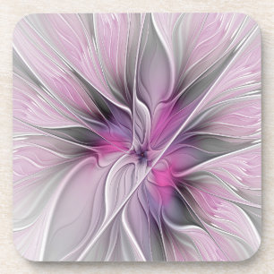 Floral Fractal Modern Abstract Flower Pink Gray Coaster