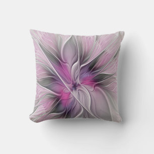Floral Fractal Modern Abstract Flower Pink Gray Cushion