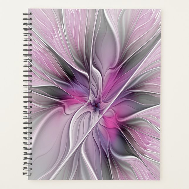 Floral Fractal Modern Abstract Flower Pink Gray Planner (Front)