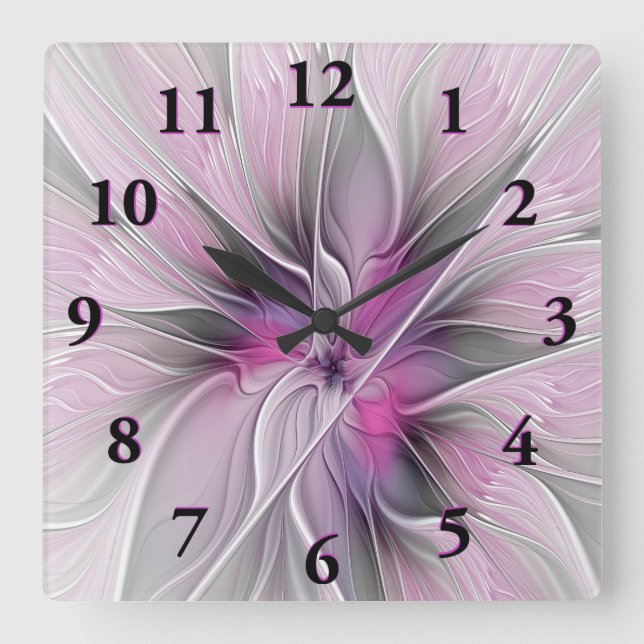 Floral Fractal Modern Abstract Flower Pink Gray Square Wall Clock (Front)