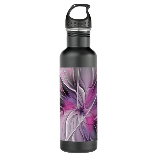 Floral Fractal Modern Abstract Flower Pink Grey 710 Ml Water Bottle (Front)