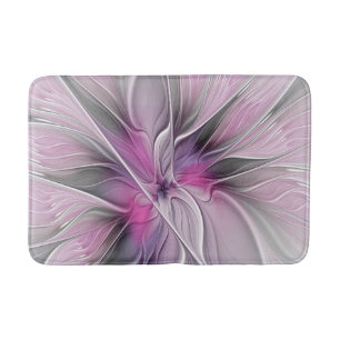 Floral Fractal Modern Abstract Flower Pink Grey Bath Mat