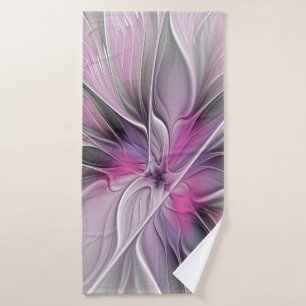 Floral Fractal Modern Abstract Flower Pink Grey Bath Towel