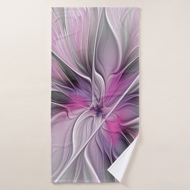 Floral Fractal Modern Abstract Flower Pink Grey Bath Towel (Bath Towel)