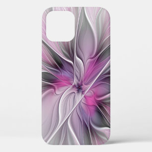 Floral Fractal Modern Abstract Flower Pink Grey iPhone 12 Case
