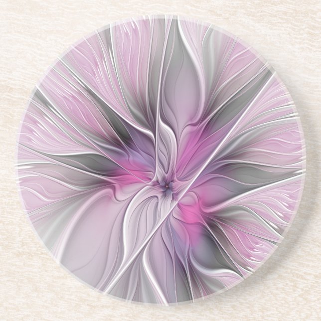 Floral Fractal Modern Abstract Flower Pink Grey Coaster (Front)