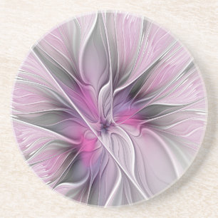 Floral Fractal Modern Abstract Flower Pink Grey Coaster