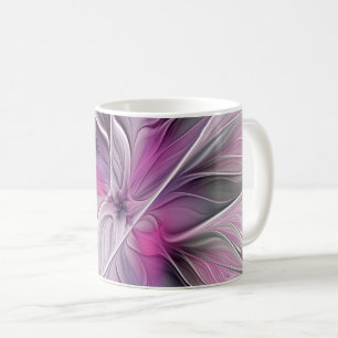 Floral Fractal Modern Abstract Flower Pink Grey Coffee Mug