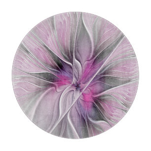 Floral Fractal Modern Abstract Flower Pink Grey Cutting Board