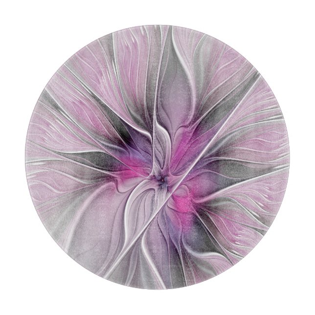 Floral Fractal Modern Abstract Flower Pink Grey Cutting Board (Front)