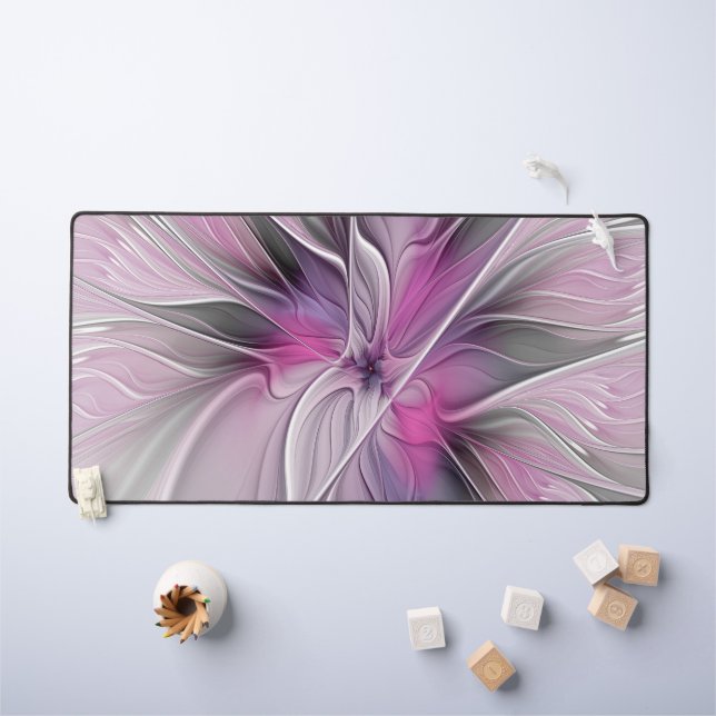 Floral Fractal Modern Abstract Flower Pink Grey Desk Mat (Kids Table)