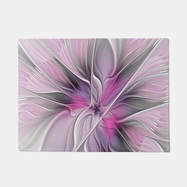 Floral Fractal Modern Abstract Flower Pink Grey Doormat (Front)